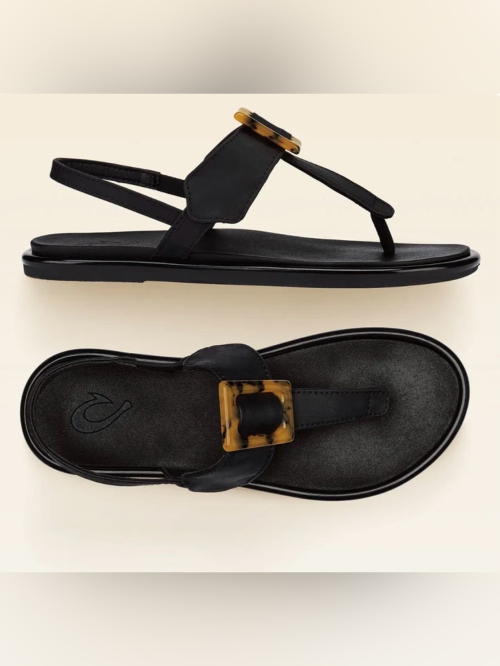 OluKai La'i T-Bar Sandals With Strap, Black/Tortoise, Women’s Size 9 (EUR 39)